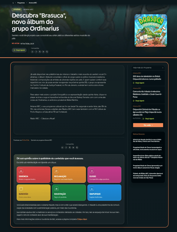 Redesigned content page on the Rádio MEC / Nacional portal