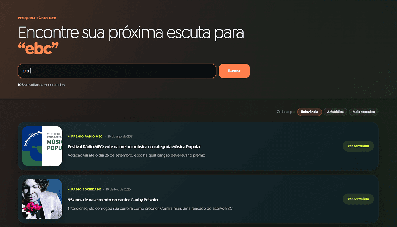Redesigned search experience on the Rádio MEC / Nacional portal